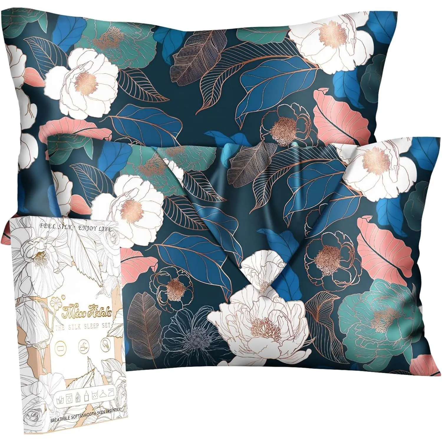 Silk Pillow 2 Pack - Queen Size 20 x 30 Inch Pillowcases for Hair and Skin Soft Cooling Bed Sleeping Pillow Cover with Zipper for, Blue Green Floral