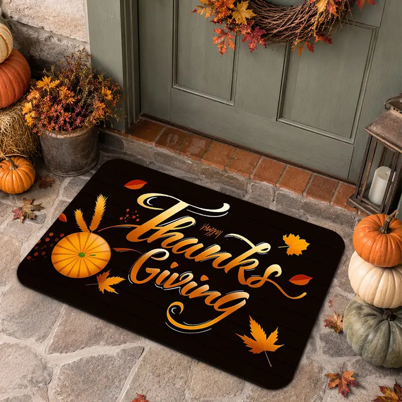 Flannel Floor Mat 1pcs Thanksgiving Pumpkin Maple Leaf English Floor Mat, made of flannel with 0.4-inch thick sponge padding, non-slip, wear-resistant, machine washable, soft and cushioned underfoot, available in multiple sizes that won't get caught in do