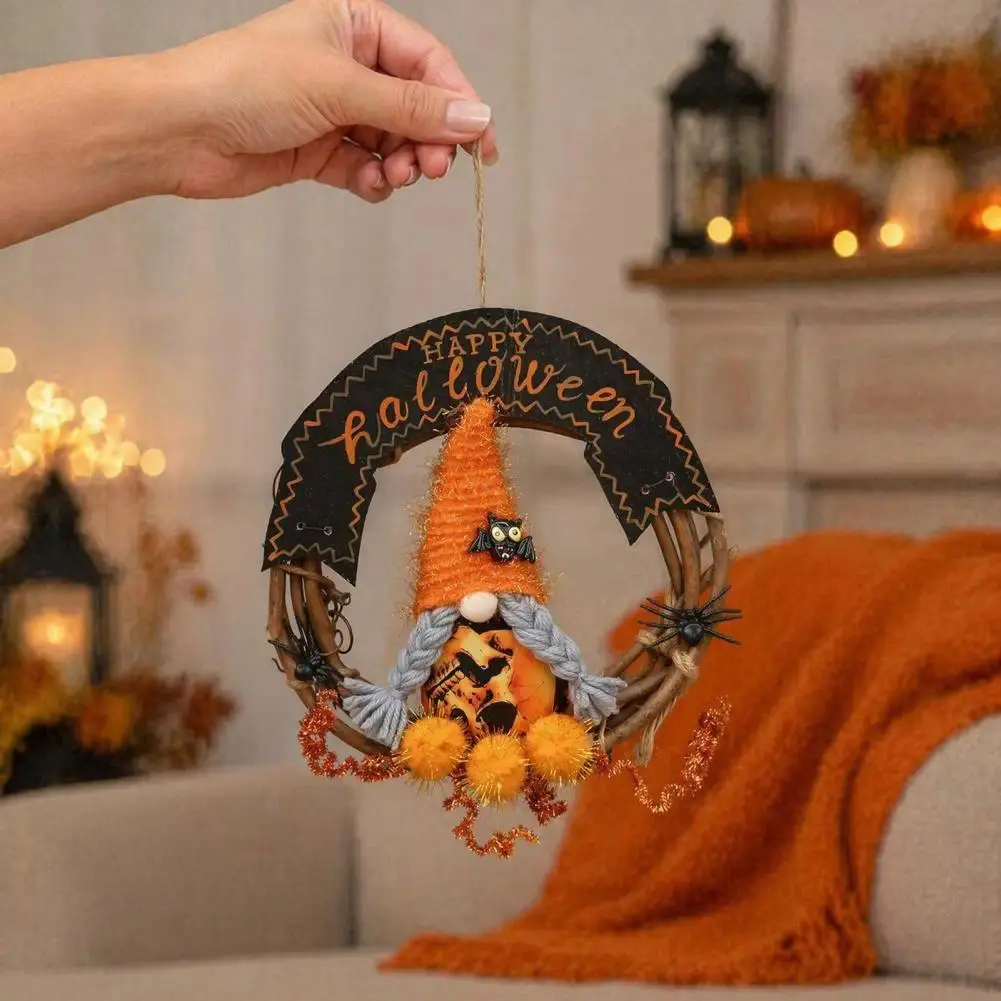 Handmade Halloween Gnome Wreath Garland - Faceless Gnome Hanging Decor with Tinsel, Spider Accents, Spooky Party Front Door Porch Ornament, Festive Indoor Outdoor Wall Display
