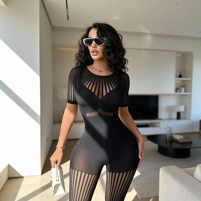 Hollow-Out Knit Top for Casual Wear, Round Neck Shortsleeve Slim-Fit Design with Romance Inspired Style, Tops For Women, Stylish Top