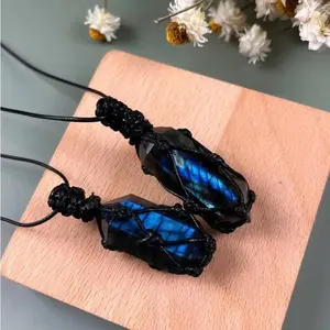 Natural Labradorite Wrap Braided Crystal Double Point Pendant Healing Energy Amulet Women Men Lucky Necklace