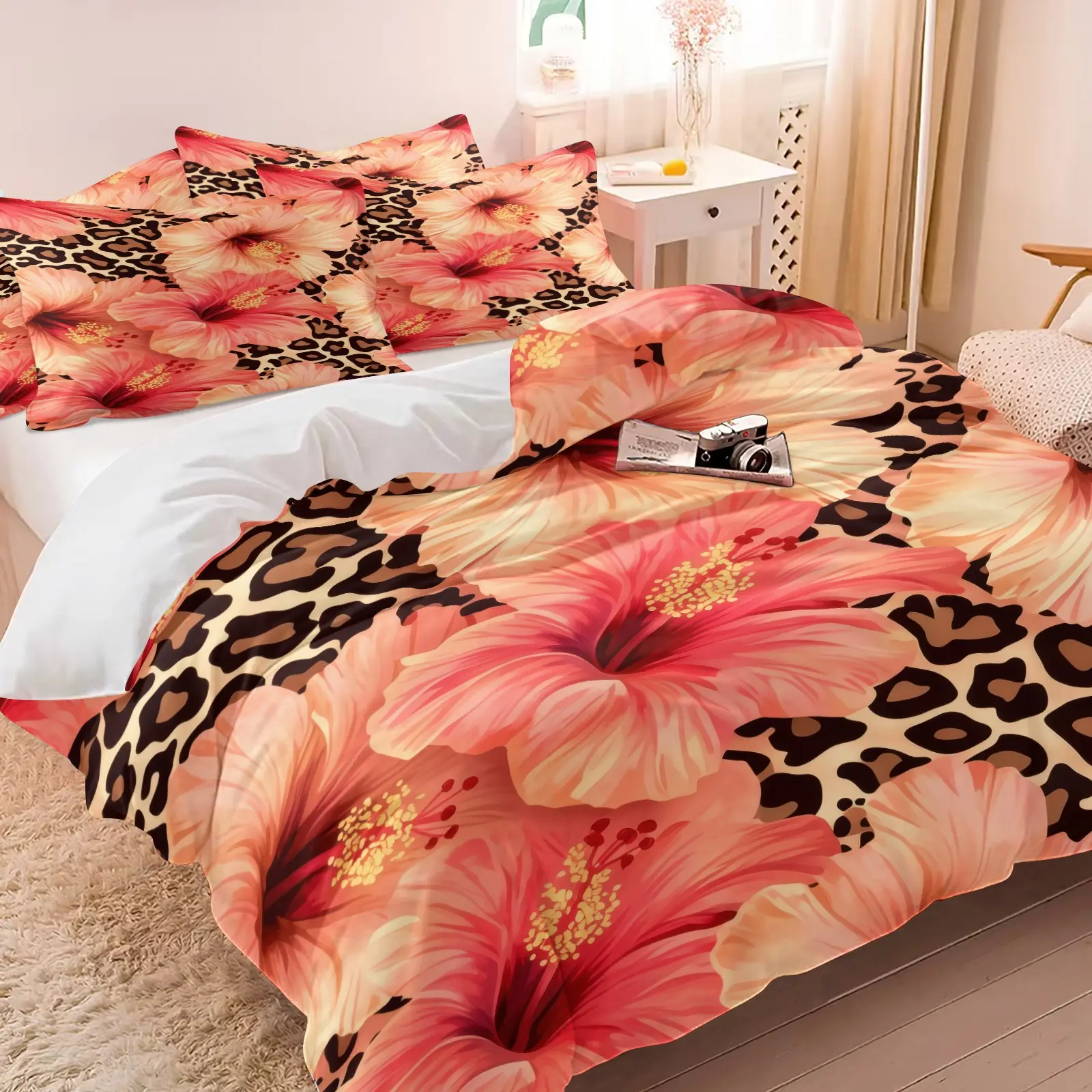 3PCS Leopard Print Pink Hibiscus Flower Duvet Cover Set (1 Duvet Cover + 1-2 Pillowcases), Beige Leopard Tropical Floral HD Digital Print, Soft Cozy Skin-Friendly All Seasons Bedding, Perfect for Boho Tropical Girls Bedroom Decor