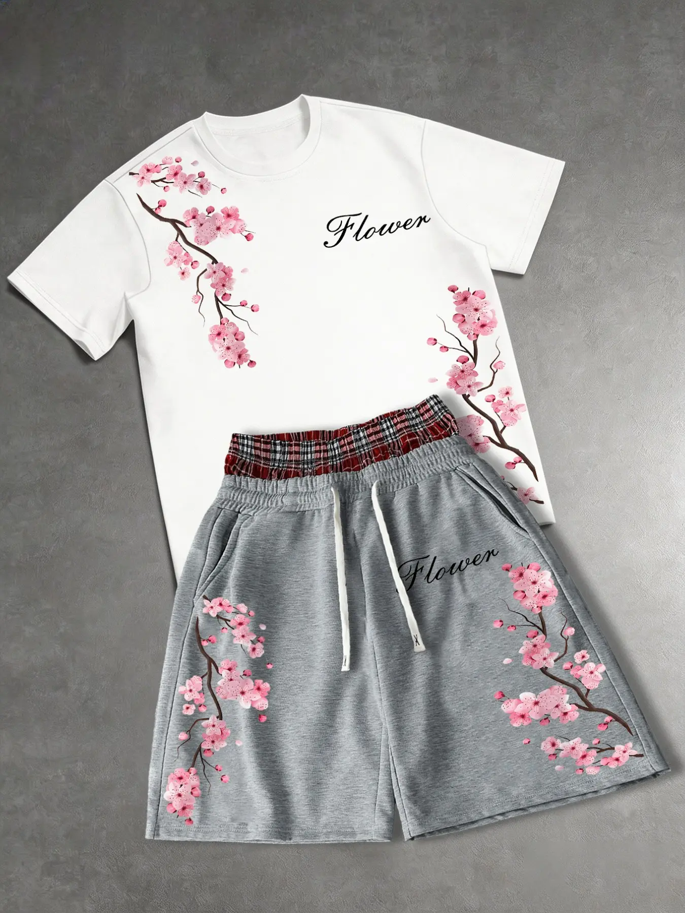 2-Piece American Street Style Cherry Print Set, Summer Loose Short Sleeve Tee, Drawstring Sweatpants, Unisex Casual Sportswear