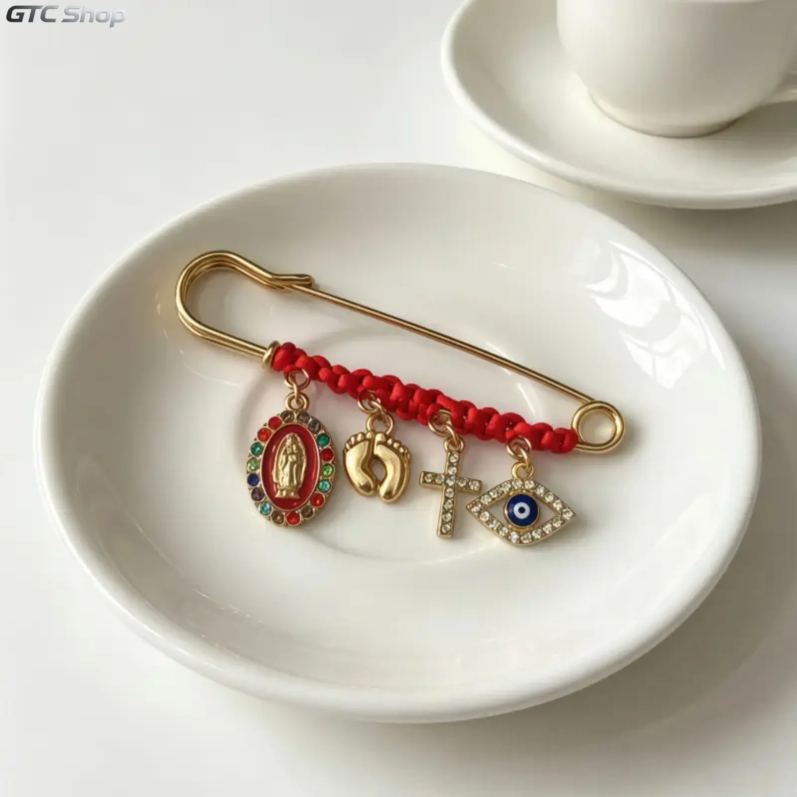 September Laurel Protection Brooch for Pregnancy & Baby Religious Charm Maternity Safety Pin Brooch – Virgin Mary, Cross & Evil Eye Belly Jewelry Pin
