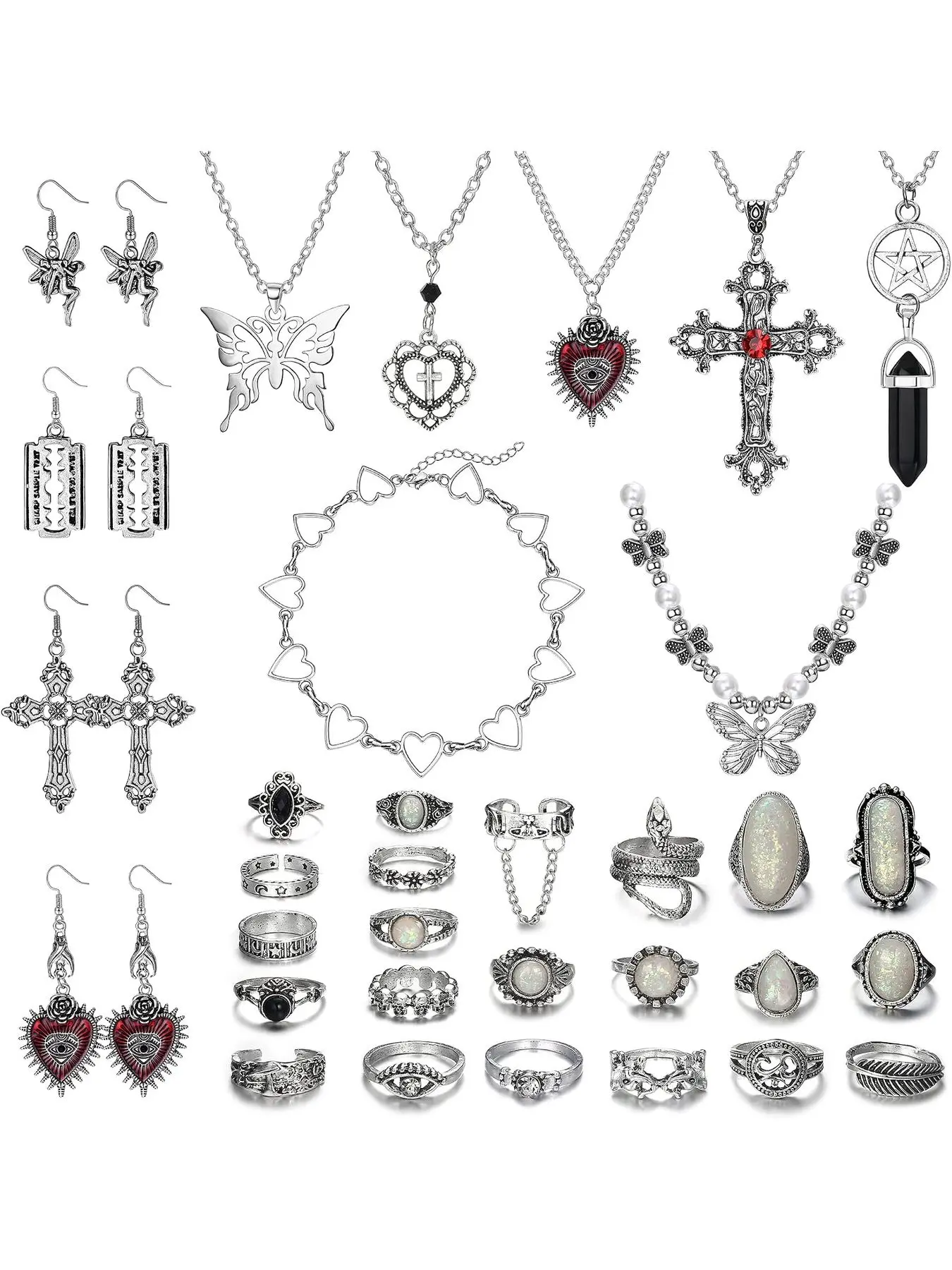 33Pcs Grunge Vintage Punk Necklace Earrings Rings Y2k Jewelry Set Gothic Earrings, Boho Crystal Cross Pendant, Heart Choker, Adjustable Stackable Knuckle Rings, Y2K Accessories for Women Men