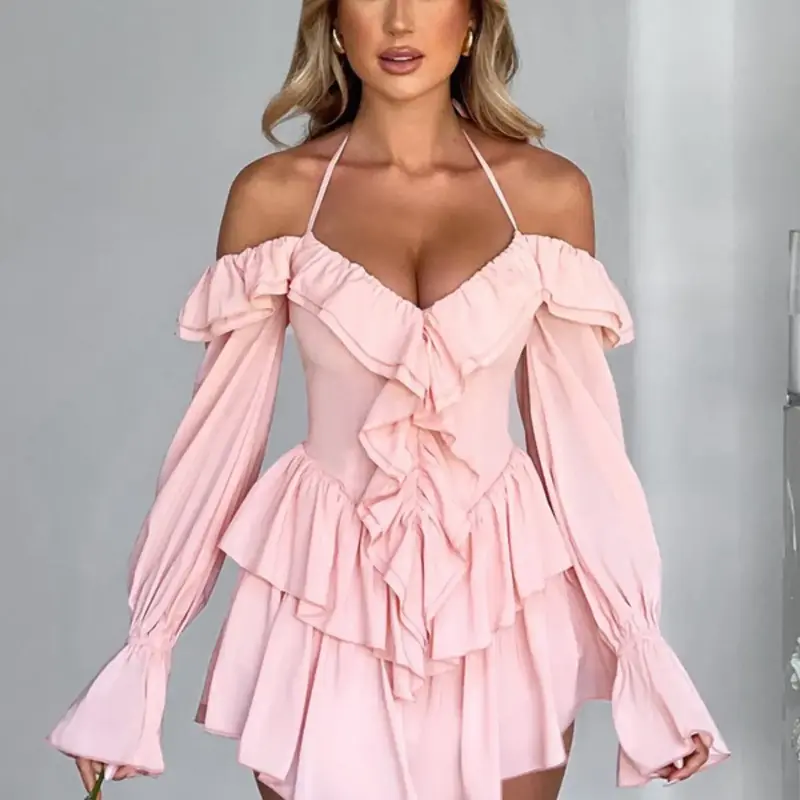 Women's Plain Ruffle Halter Neck Casual Romper, Sexy Flounce Sleeve Romper for Spring & Fall, Holiday Summer Clothes, Womenswear