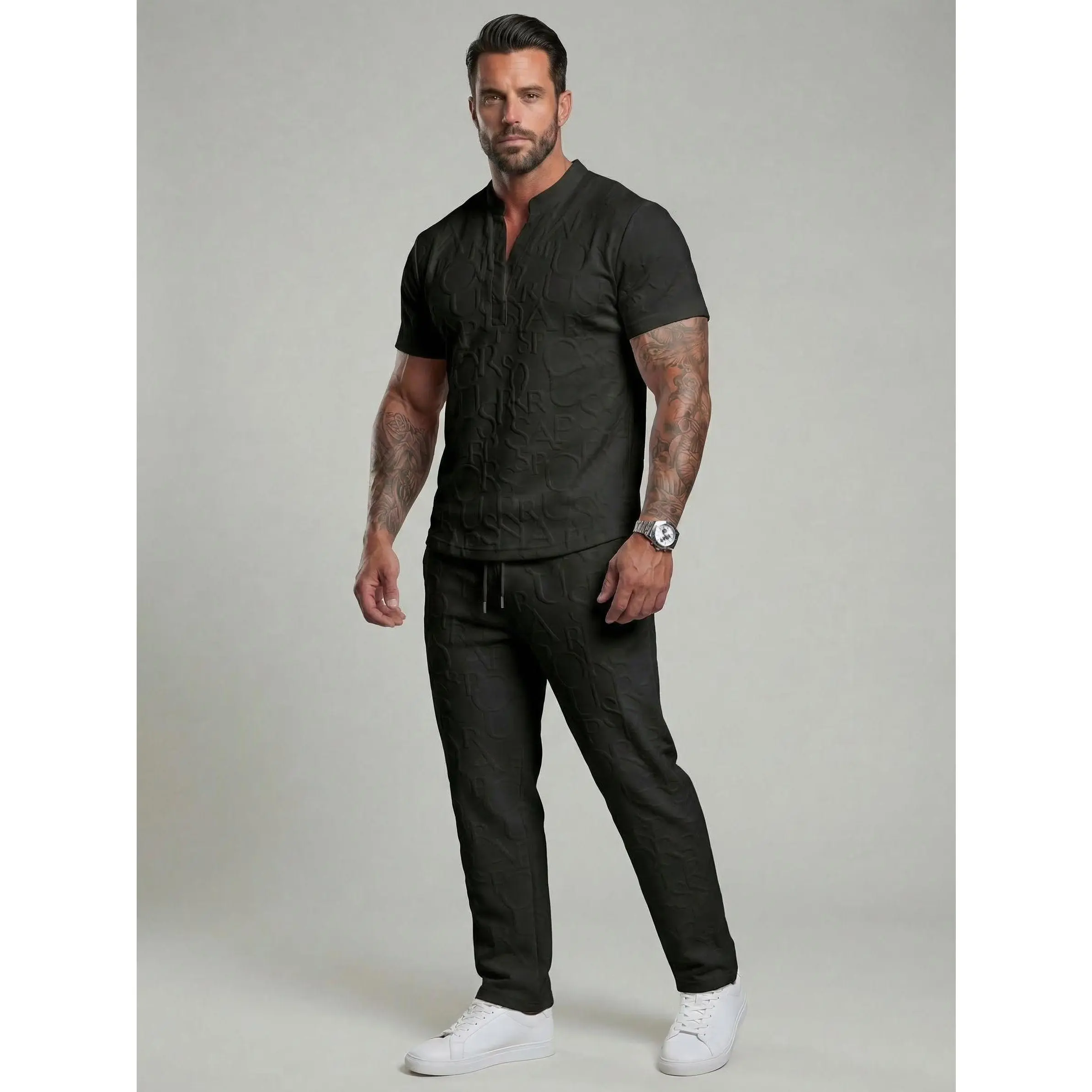KZZ Men's 2-Piece Stylish Casual Wear Set - Short-Sleeve Textured Letter-Embossed Notched Neck Tee/Top & Drawstring Elastic-Waist Regular-Fit Above-Ankle Trouser with Pocket, Spring/Fall Gift for Him, Father's Day Gifts