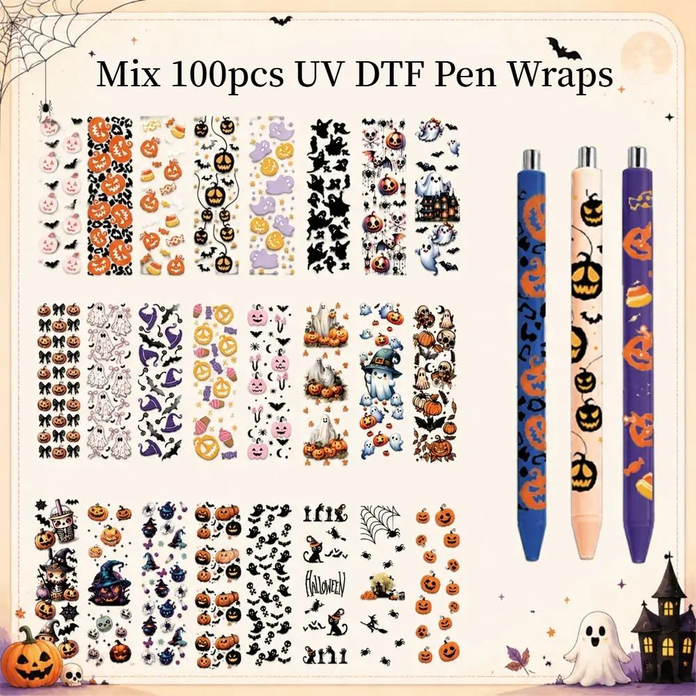 Mix 100 Pcs Halloween UV DTF Pen Wraps Transfer Stickers Decals Waterproof UV DTF Vinyl Pen Adhesive Wraps for Personalized DIY Blank Pens Decorative Crafts Gifts