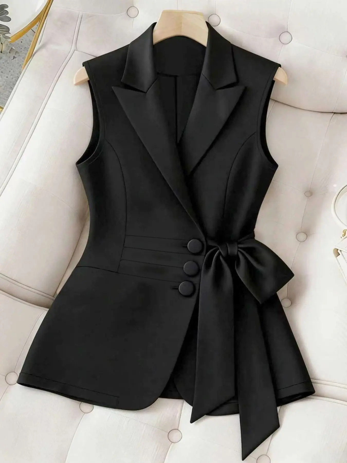 Women's Lapel Three Button Blazer Vest, High Waist Tie Belt Waistcoat, Versatile Sleeveless Outerwear, Elegant Chic Aesthetic Casual Minimalist Style, Classic Office Wear