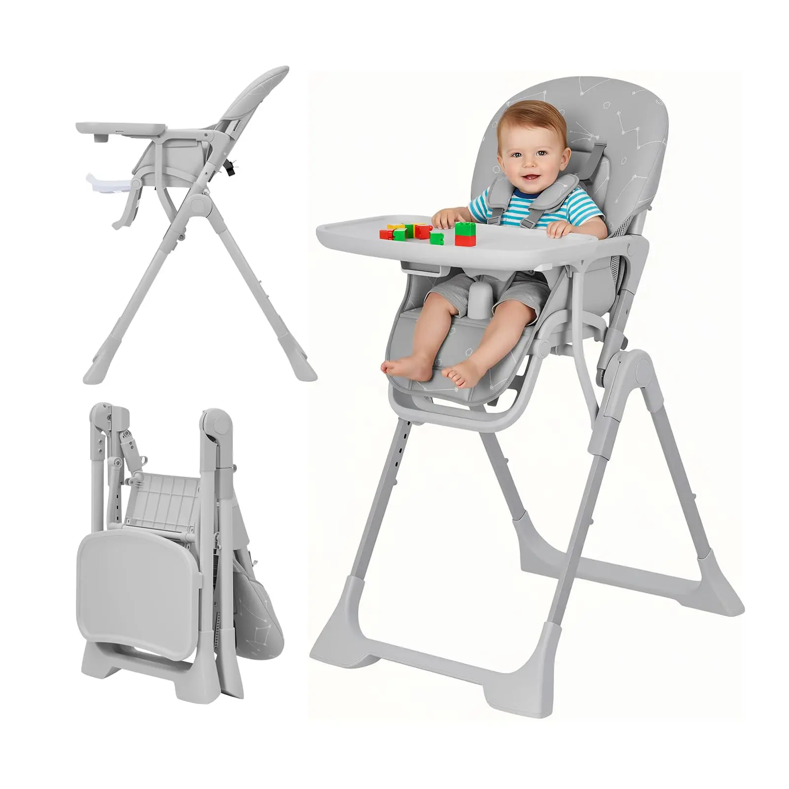 Modern Baby High Chair 5 Height Adjusted Folding High Chair for Toddlers Infants Space Saving Infant Feeding Chair with Wheels No Scratch 3 Position Tray Comfy Reclining Highchair with Safety Harness for Kitchen Island Apartment
