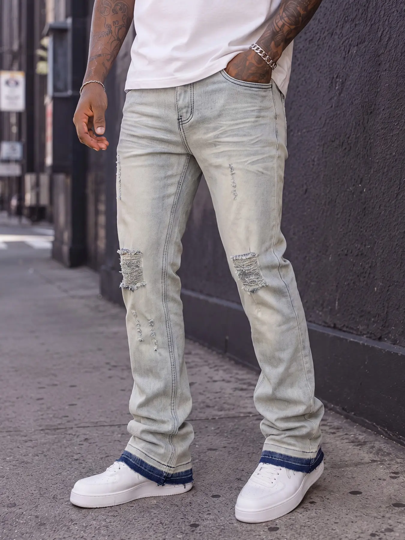 Men Light Blue Ripped Stretch Flare Jeans Slim Fit Denim Pants All Season Casual Streetwear Trousers