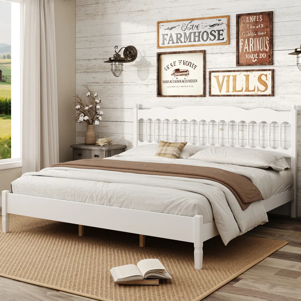Farmhouse King Size Wood Bed Frame with Spindle Headboard,Heavy-Duty King Platform Bed with Wooden Slats Support for Bedroom,No Box Spring Needed,Noise-Free,Easy Assembly,White
