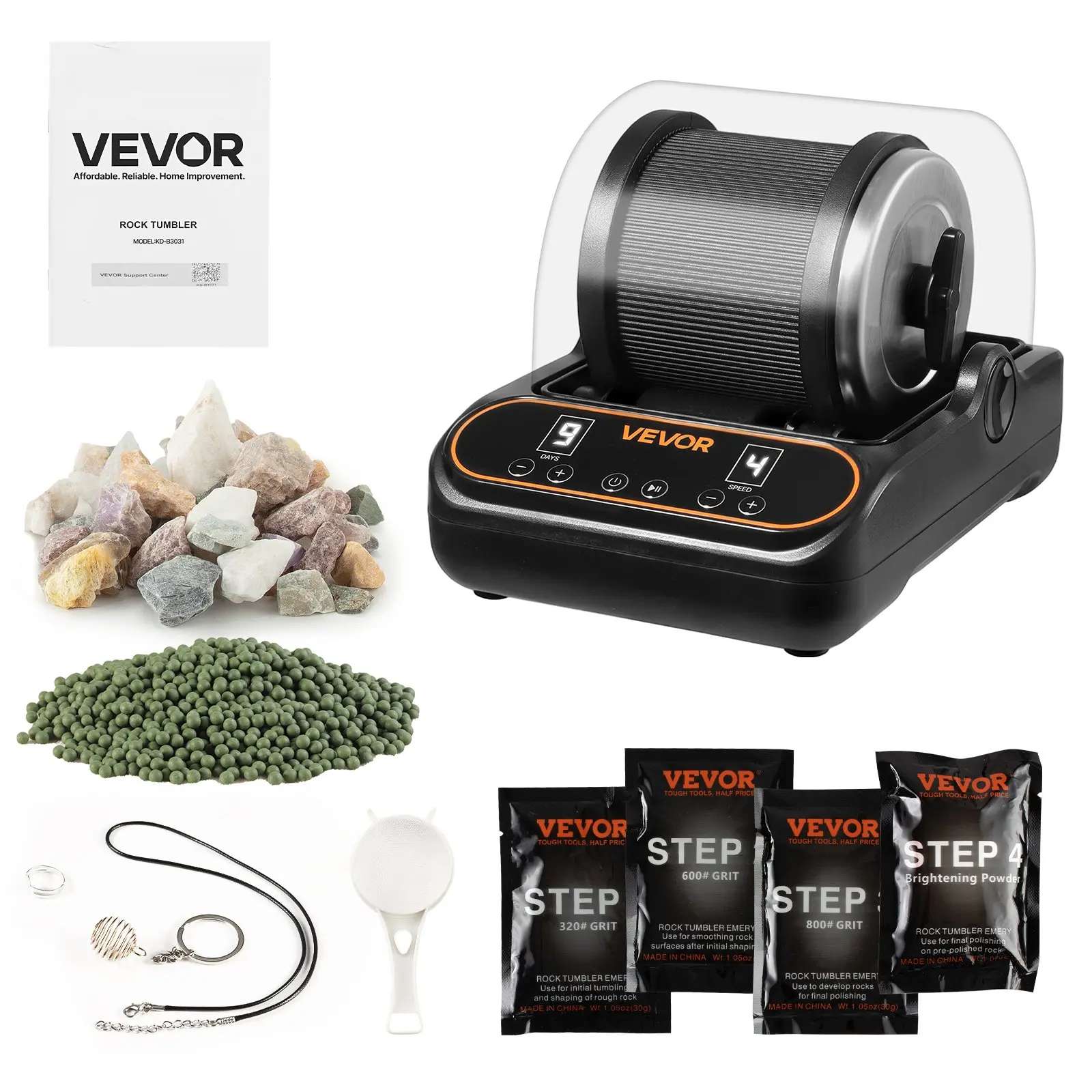 VEVOR Rock Tumbler, 2 lb Rock Polishing Machine, Rocks Tumbling Kit with 4-Speed Adjustment, 1-9 Day Timer, PC Sound Reduction Cover TPU Drum, Direct Drive Motor Rocks Polishing, Quiet Operation