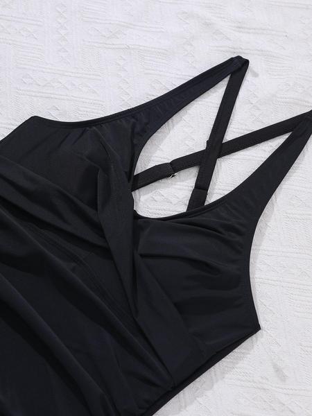 Women's 2 in 1 Criss Cross Ruched Knot One-Piece Swimsuit, Solid Color Sleeveless V Neck One-Piece Swimwear for Beach Holiday Vacation, Ladies Swimsuit for All Seasons