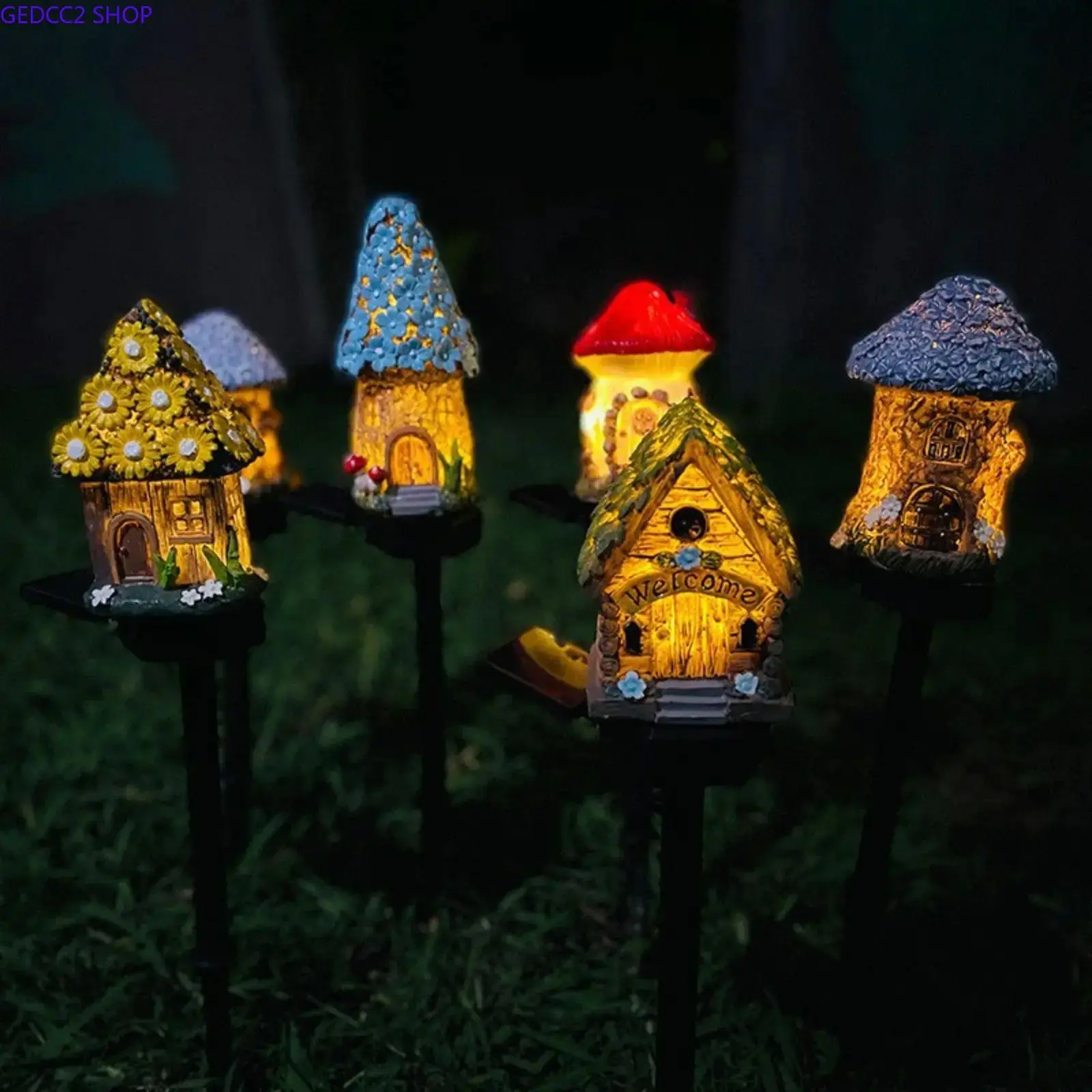 Solar Resin Fairy House Path Lights, Waterproof Outdoor Landscape Cottage Lamp, Energy Saving Garden Yard Patio Summer Decor Lighting