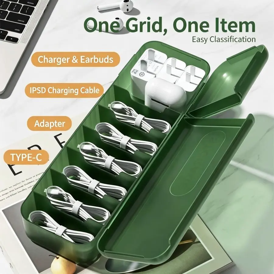 Large Capacity Data Cable Organizer Box, 7 Slots Dual Lid PP Material, Ideal for Drawer, Desk, Travel, Stores Cables, Earphones, Adapters