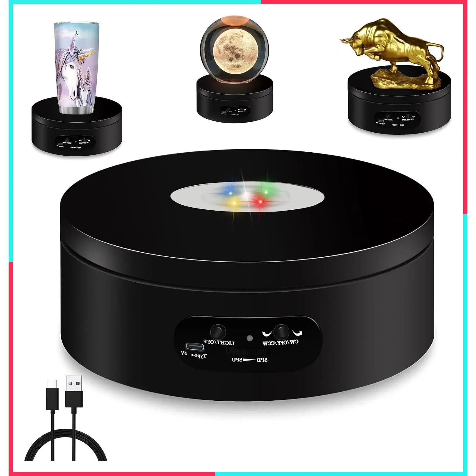 LED Rotating Display Stand with Colorful Lights, Lighted Base for Crystal Glass Art, 360° Automatic Mute Rotating Turntable, Motorized Spinner for Tumbler Supplies, 4.72 Inch