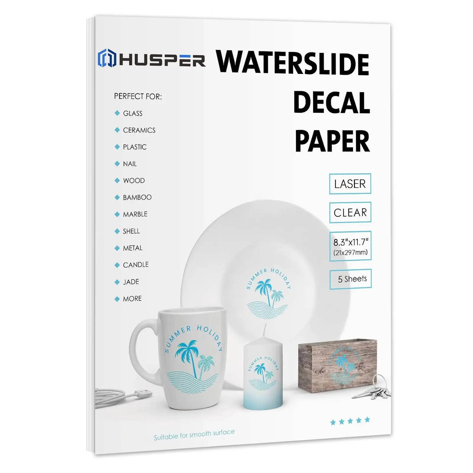 5 Sheets A4 Clear Transparent Waterslide Transfer Paper, Printable for Tumblers, Mugs, Glasses, Laser Compatible, DIY Crafts Supplies