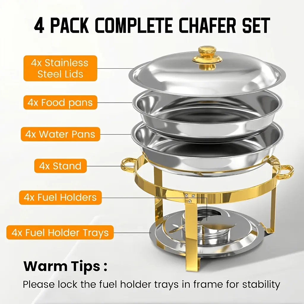 LDQ 304 Golden Stainless Steel Round Insulated Chafing Dish Hot Pot with Lid - 1 Pack, 5QT, 16.6in, Waterproof Lid, Kitchen Chafer Set for Wedding Events, Home Supplies
