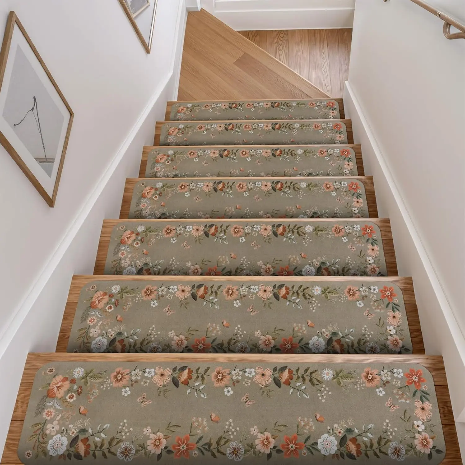 Floral Stair Treads Non-Slip Stair Runners for Wooden Steps Indoor 15PCS 30"x8" Carpet Stair Treads Mats Staircase Step Treads for Kids, Elders and Dogs, Stair Covers, Brown