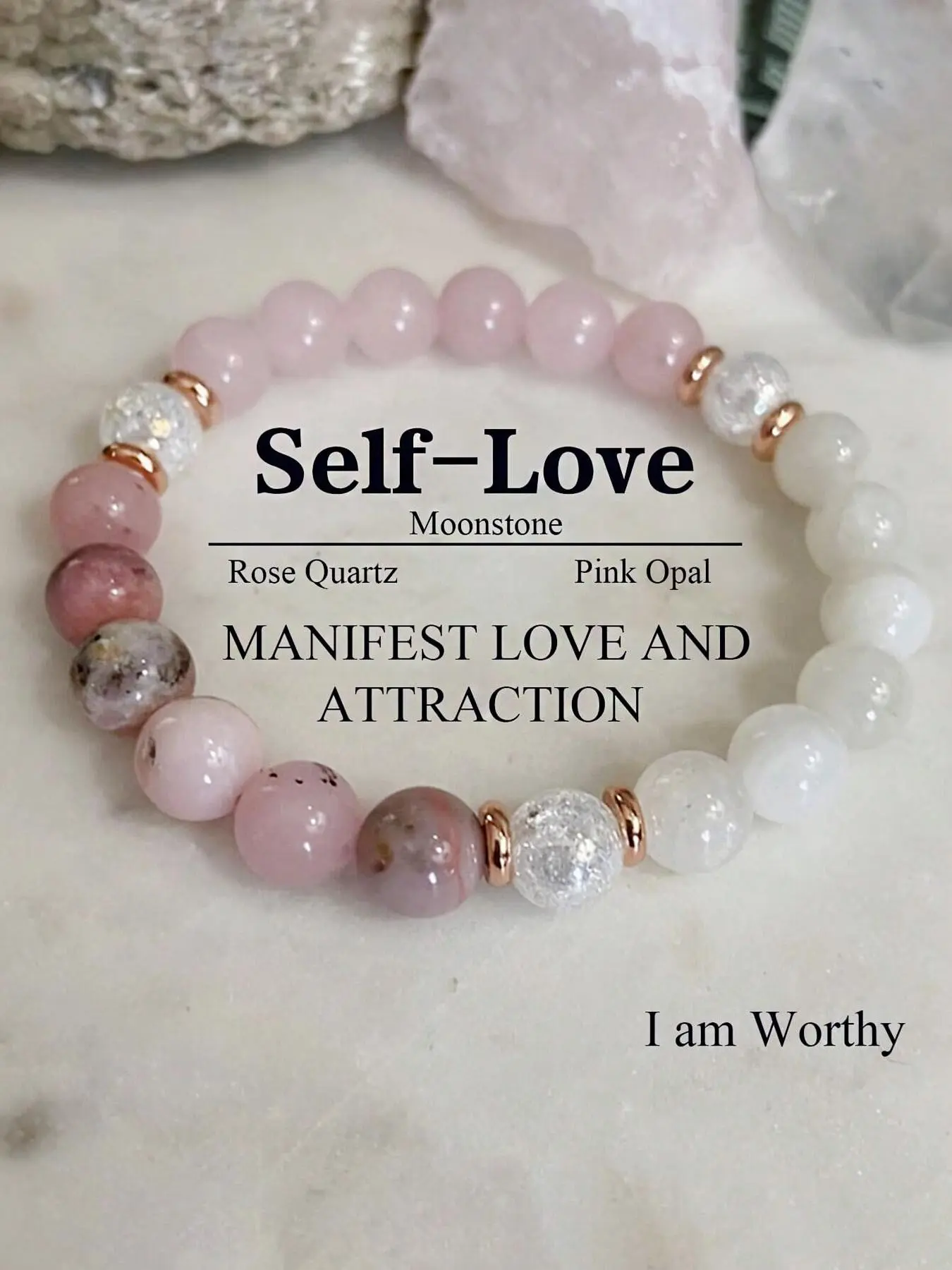 Love Attraction Bracelet, Rose Quartz Moonstone Pink Opal, Self Love Affirmation Healing Stone, Chakra Balancing Wellness Jewelry,  I am Worthy Affirmation Bracelet Attraction Manifestation Crystal Inspired TikTok Viral, Exquisite Trendy Bracelet