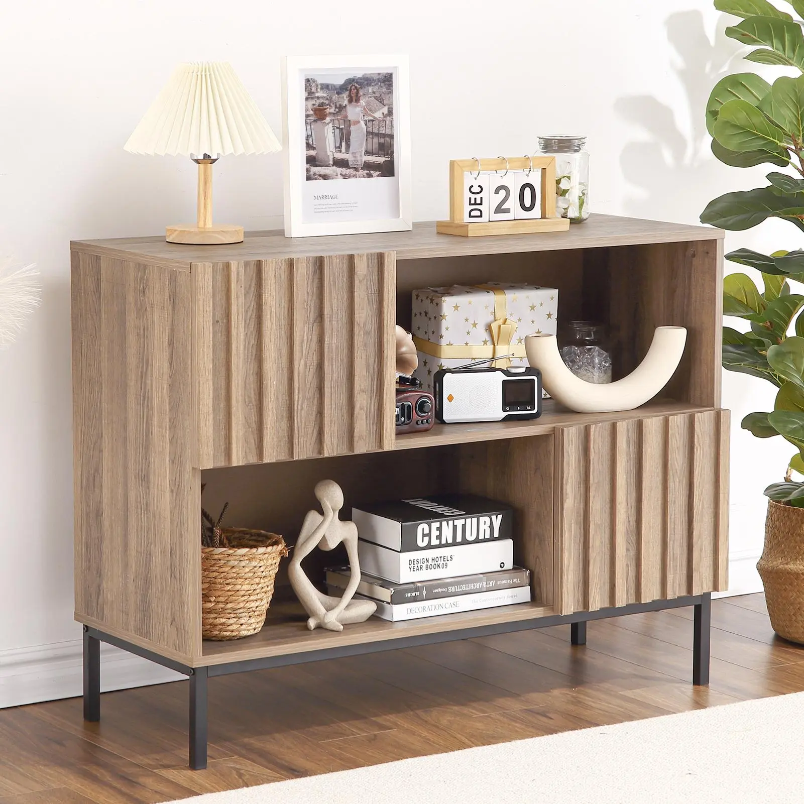 Modern Farmhouse Entryway Table with Buffet Storage, Display Shelf and Metal Legs - Console Table for Living Room, Hallway Accent Cabinet