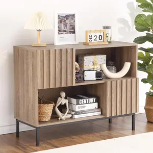 Modern Farmhouse Entryway Table with Buffet Storage, Display Shelf and Metal Legs - Console Table for Living Room, Hallway Accent Cabinet