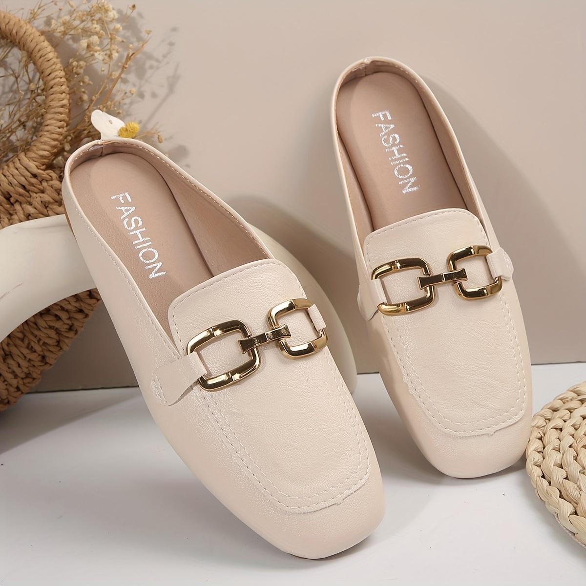 Women's Square Toe Flat Mules, Metallic Buckle Decorated Slip-On Backless Loafers, Fashionable Outdoor Slippers Set viral comfort shoes  trend
