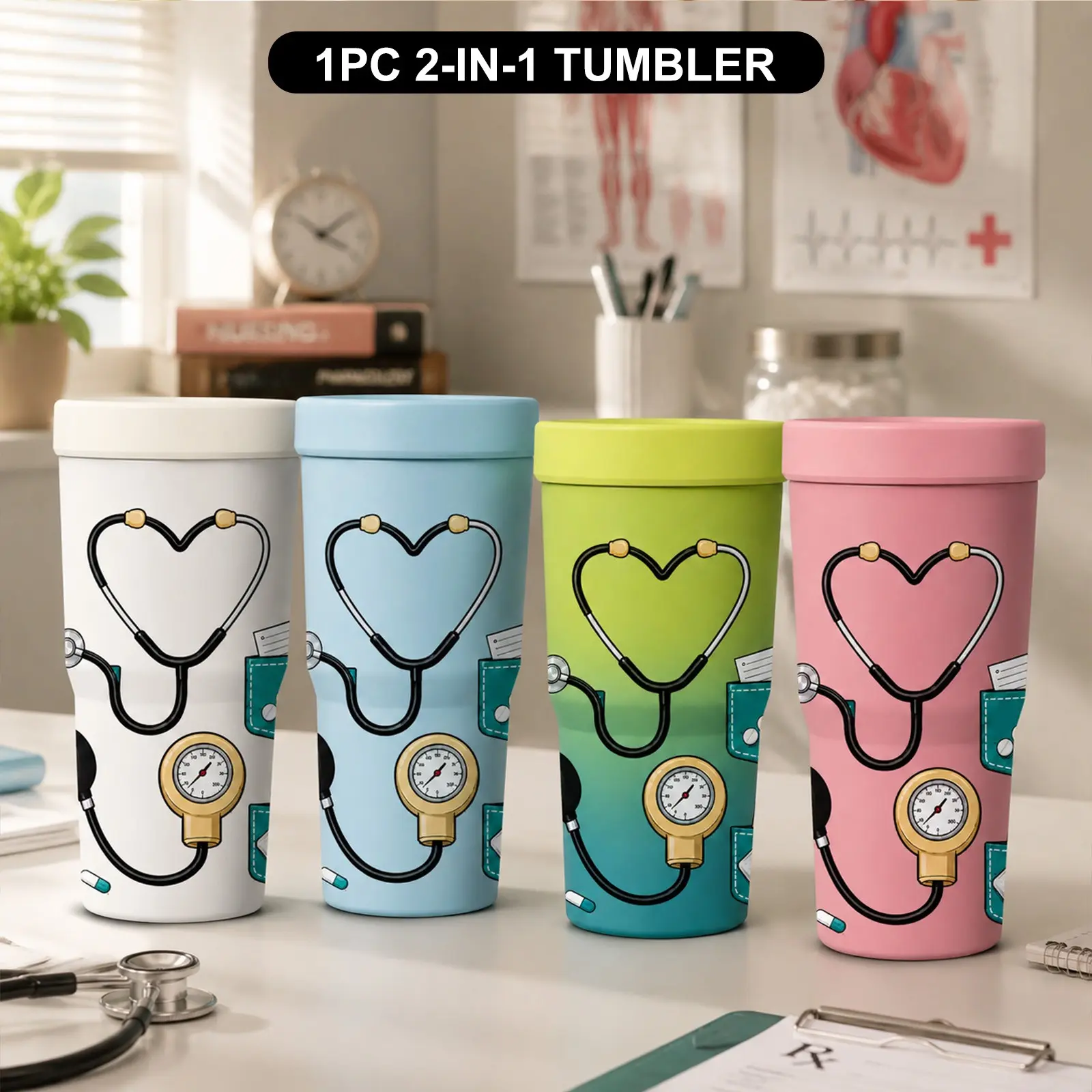 1PC 32oz Medical Stethoscope Print 2-in-1 Insulated Tumbler & Iced Coffee Cup Sleeve, Leak-Proof Double Wall Vacuum Stainless Steel Travel Mug, Cold 12+H & Hot 6+H, Fits 16–24oz To-Go Cups, Nurse & Healthcare Worker Gift
