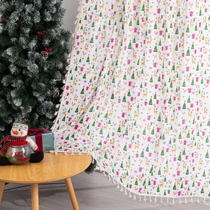 Cartoon Reindeer Christmas Fringe Cotton Linen Curtain, Soft Fabric, Festive Design, Ideal for Holiday Parties and Events