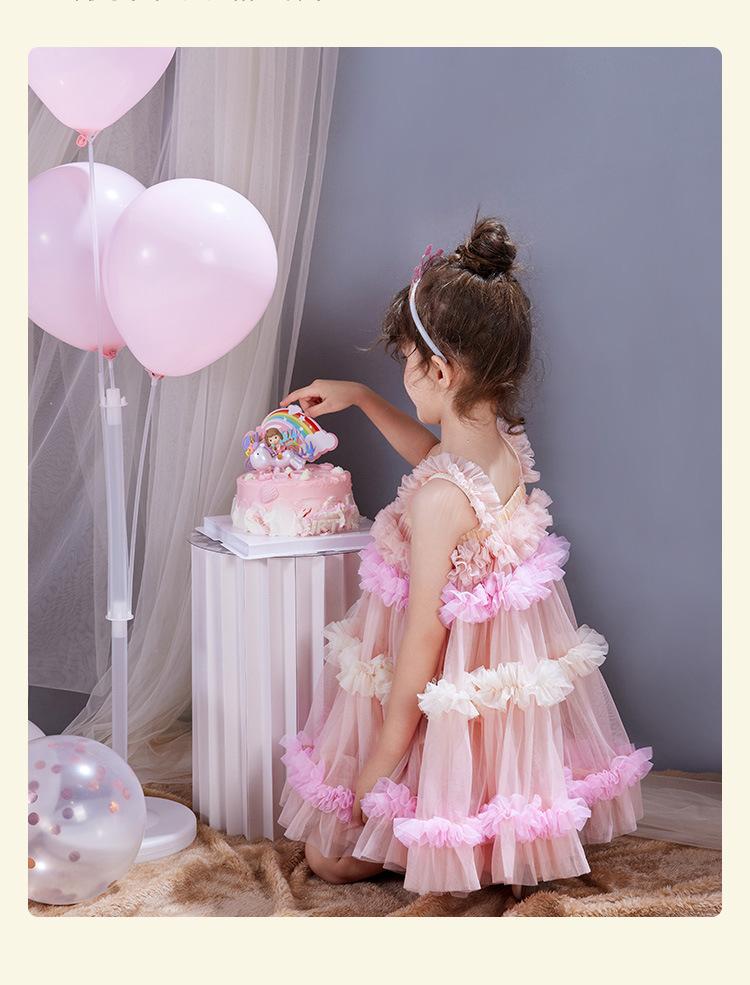 Girls' birthday princess dress rainbow pink strap tulle dress outdoor princess photoshoot high-end fashionable lace dress for girls