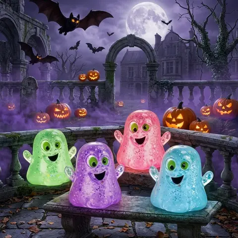 4-Pack Halloween Glitter Ghost Squishy Toys, Sparkly Squishies, Slow Rebound Material, Portable Anxiety Stress Relief Toy, Ideal Birthday & Halloween Gift