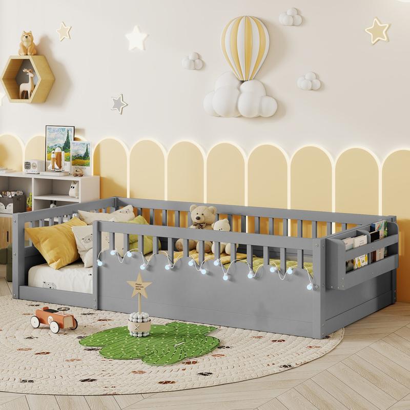 [Bellemave]Twin/Full Montessori Floor Bed Frame with High Rails, Wood Kids Floor Beds with Light and Storage Shelf, Gray (Expect Arrival Date 2025/8/15)
