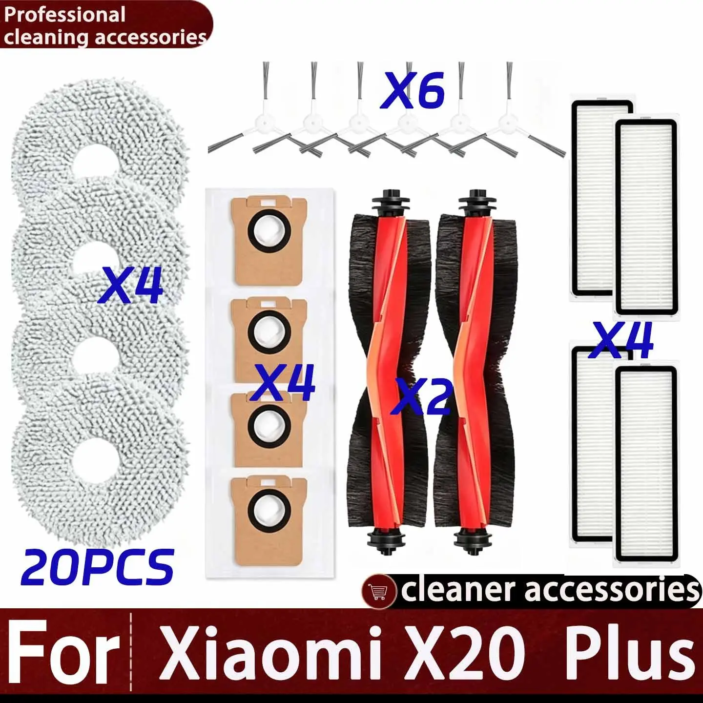 20 Pieces Xiaomi Robot Vacuum X20 Plus/x20+ Replacement Parts, Main Side Brush, Hepa Filter, Mop Cloth, Dust Bag Accessories