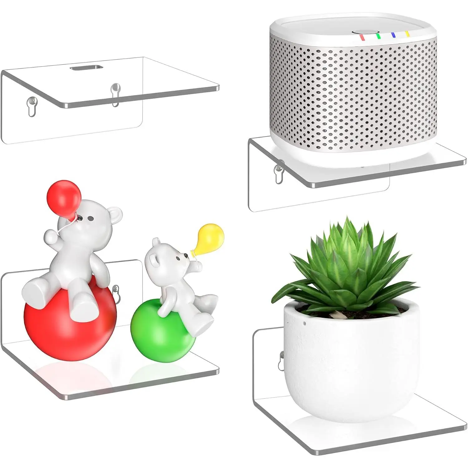 4 Pack Small Wall Shelf - 4" Floating Shelves for Wall Display Ledges for Funko Pop Figures, Plants, Speakers, Durable Plastic Adhesive or Screw Shelves in Bedroom Kitchen Living Room, Clear