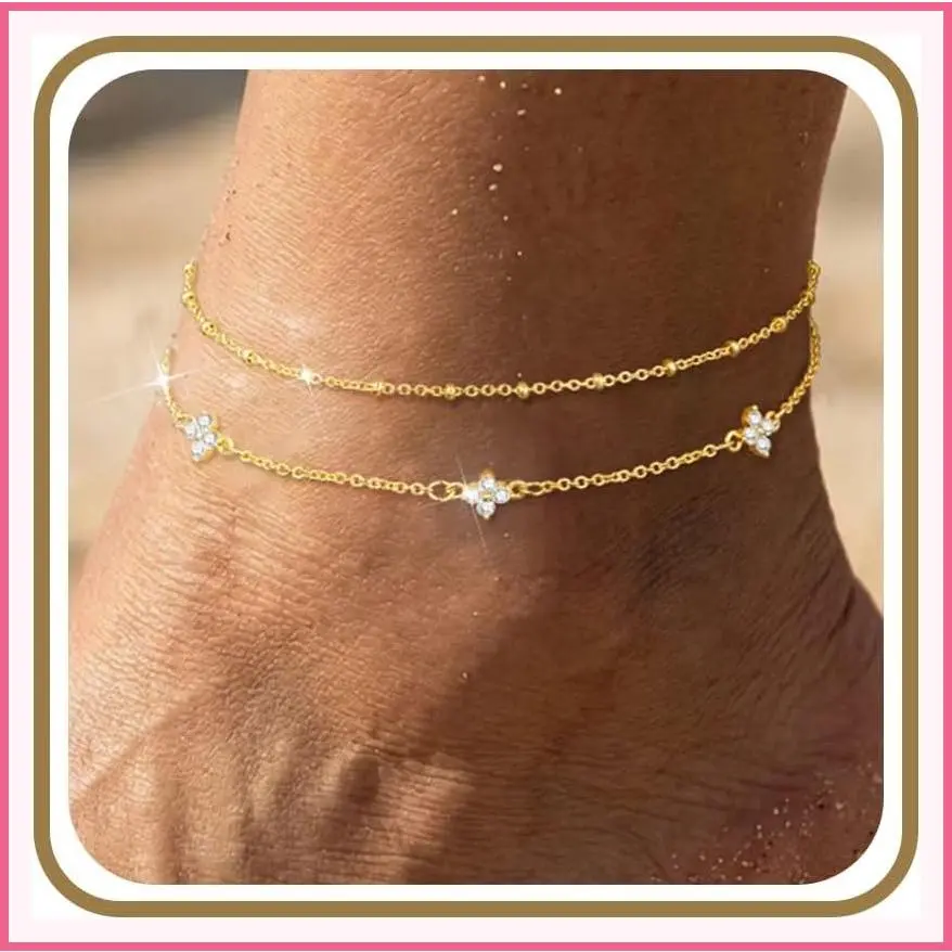 Waterproof 14K Gold Plated Anklets for Women Dainty Summer Beach Ankle Bracelets Bow Clover Heart Evil Eye Non Tarnish Layered CZ Jewelry Accessories Trendy