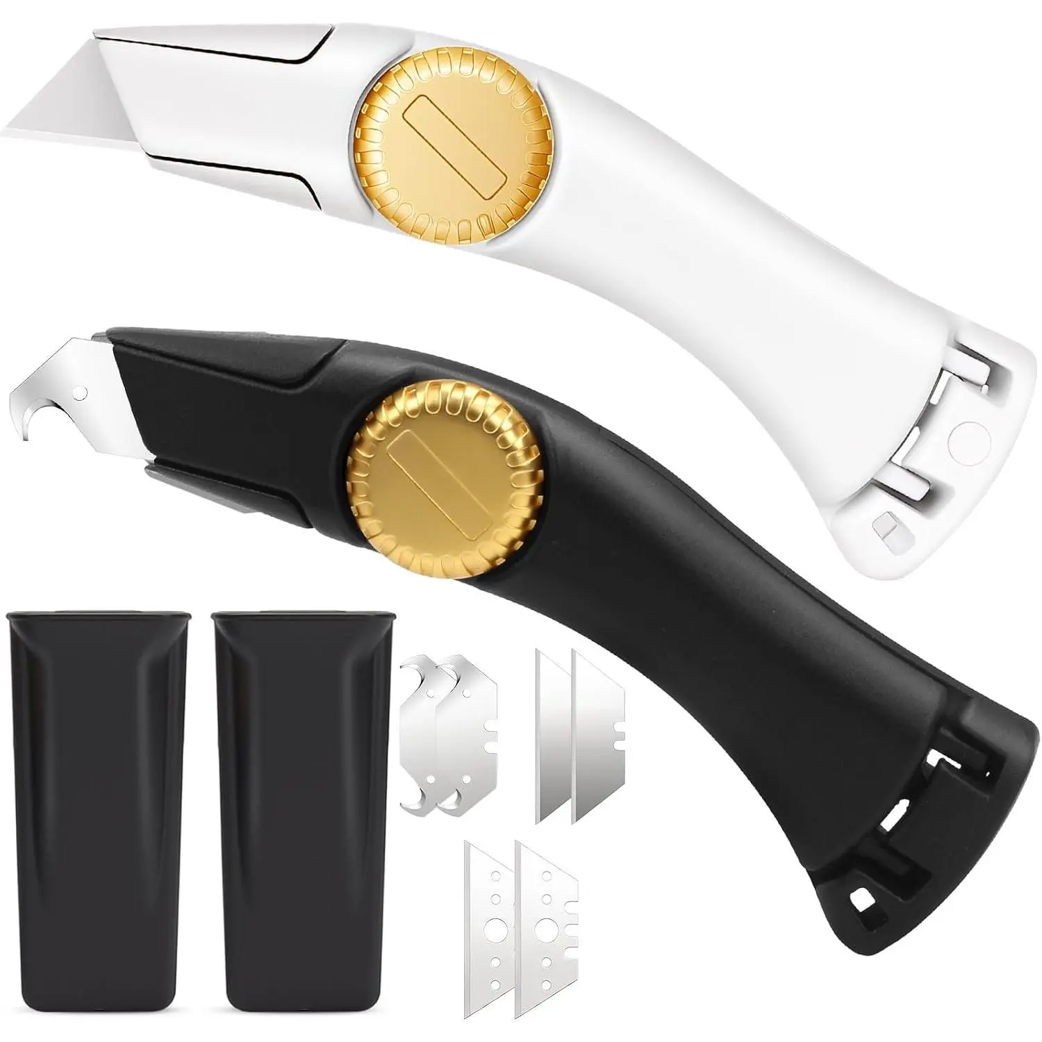 2-Pack Heavy Duty Roofing Utility Knife Set (Black & White) - Color Coded Industrial Cutters for Shingles, Drywall & Carpet - Aluminum Body with Holsters - Navajas para Roofing