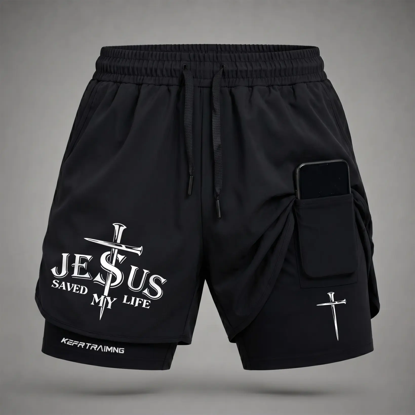 Men’s “Jesus Saved My Life” Nail Cross Graphic Print 2-in-1 Athletic Shorts, Built-in Compression Liner, Secure Inner Phone Pocket, Elastic Drawstring Waist, Quick-Dry Gym Running Training Shorts for Summer Daily Wear