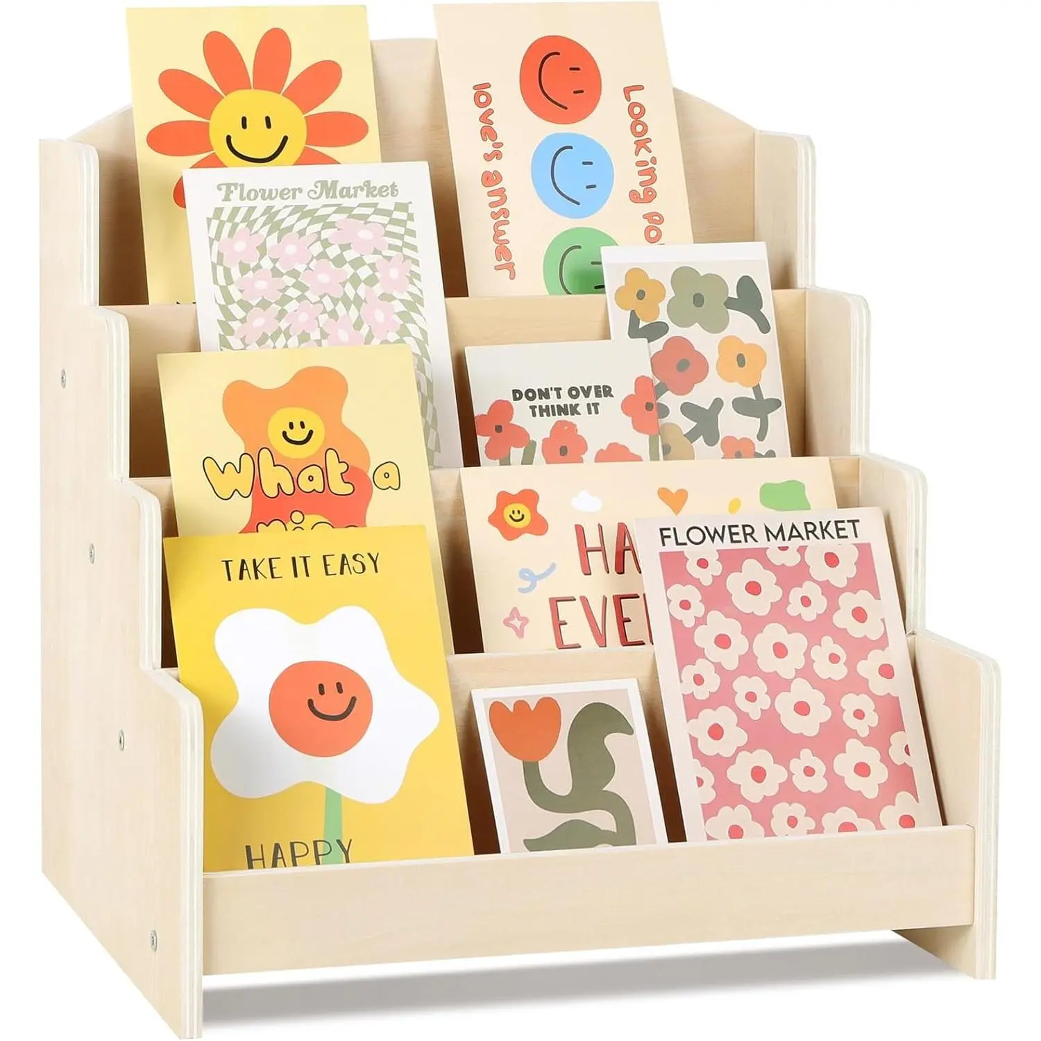 Greeting Card Display Stand Holder - 4-Tier Wooden Organizer Rack for Postcards, Stickers, Bookmarks & Tabletop Book Display, Sturdy Card Display Shelf for Retail or Home