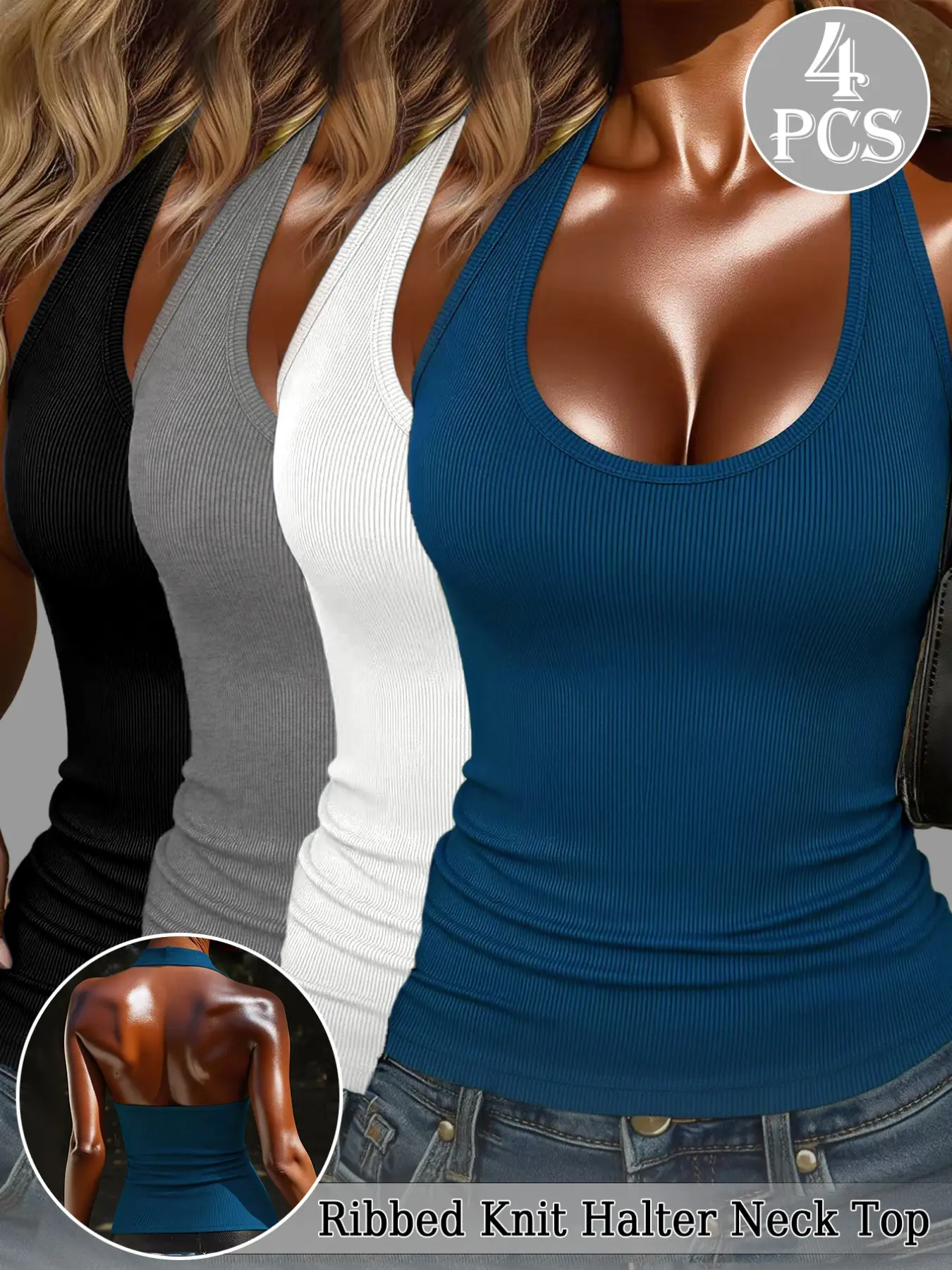 Versatile and popular 4-piece backless halter neck ribbed casual vest | Suitable for layering/everyday wear
