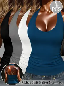Versatile and popular 4-piece backless halter neck ribbed casual vest | Suitable for layering/everyday wear