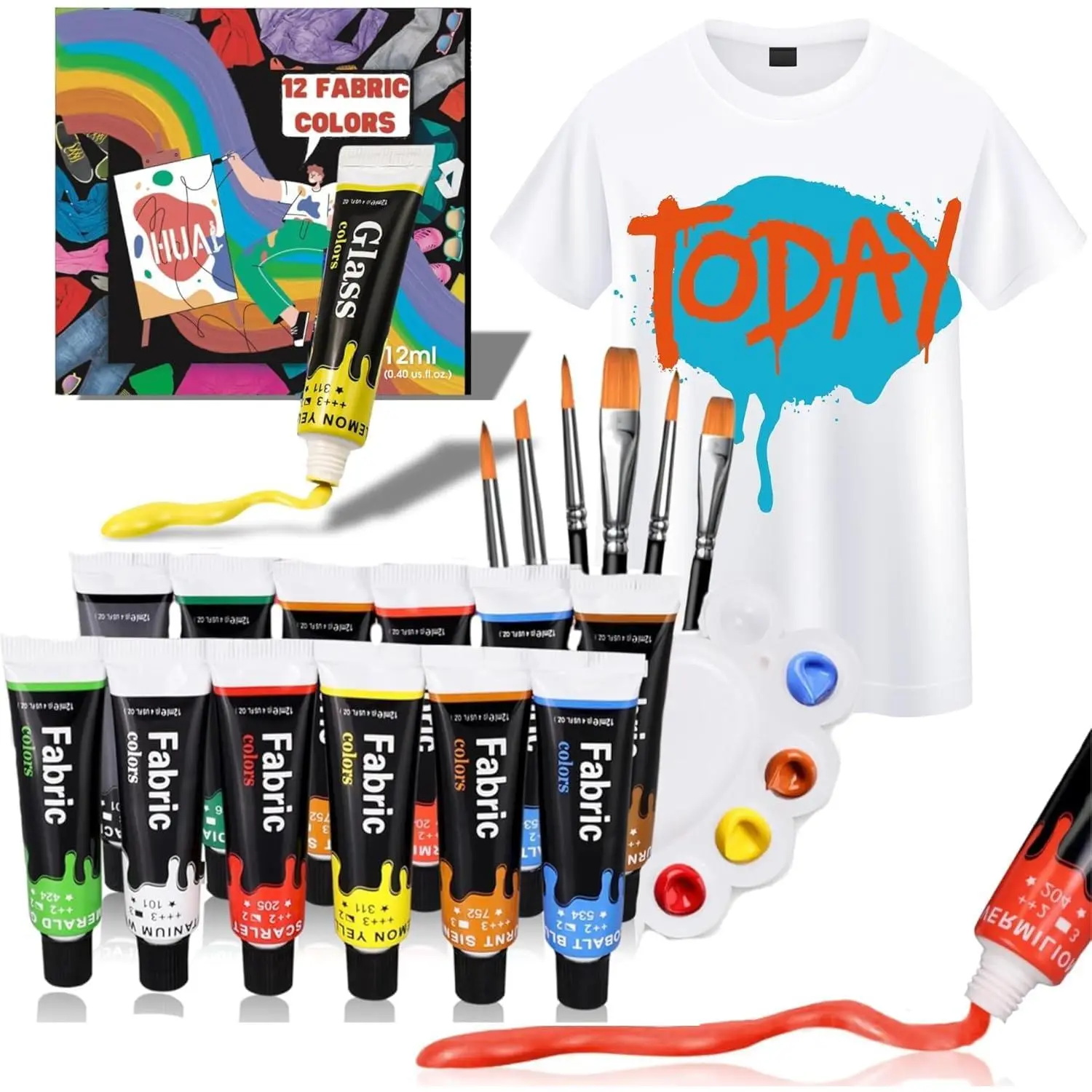 Fabric Paint Set – 12 Permanent Acrylic Colors with 6 Brushes & Palette – Non-Toxic, Quick-Drying Textile Paint for Clothes, Shoes, Canvas – Safe for Adults & Kids