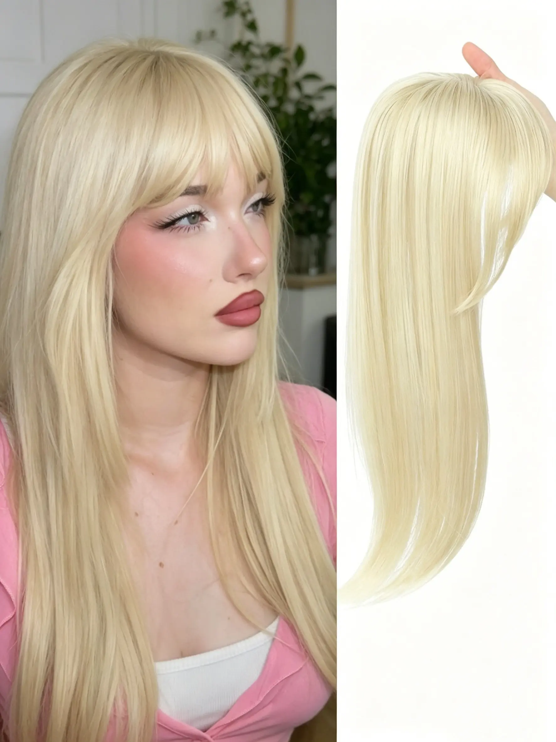 🪞 Must-try hack for thinning hair! Straight clip-in pale blonde hair topper with textured bangs crafted from soft Kanekalon, blends naturally with your own hair to cover sparse crown areas perfectly.