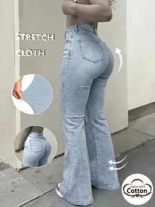 2026SS American Y2K Sexy & Elegant Women's Bleached Blue Structured Denim Flare Jeans, Draped Floor-Grazing Slight Flare, Stretch Slim Fit & Hip Accentuating with Cross Detail, Premium Texture