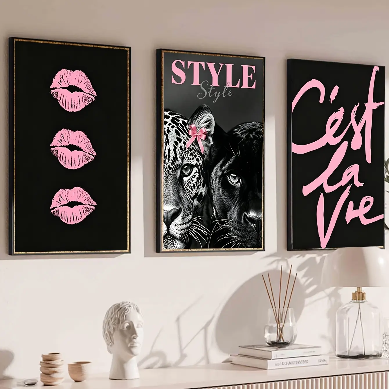 3pcs Pink & Black Leopard Print 2D Flat Canvas Paintings - C'est La Vie French Quote Lips Posters, Preppy Aesthetic Vertical Indoor Decor, Frameless Art for Girls Bedroom, Gift Ideas for Her