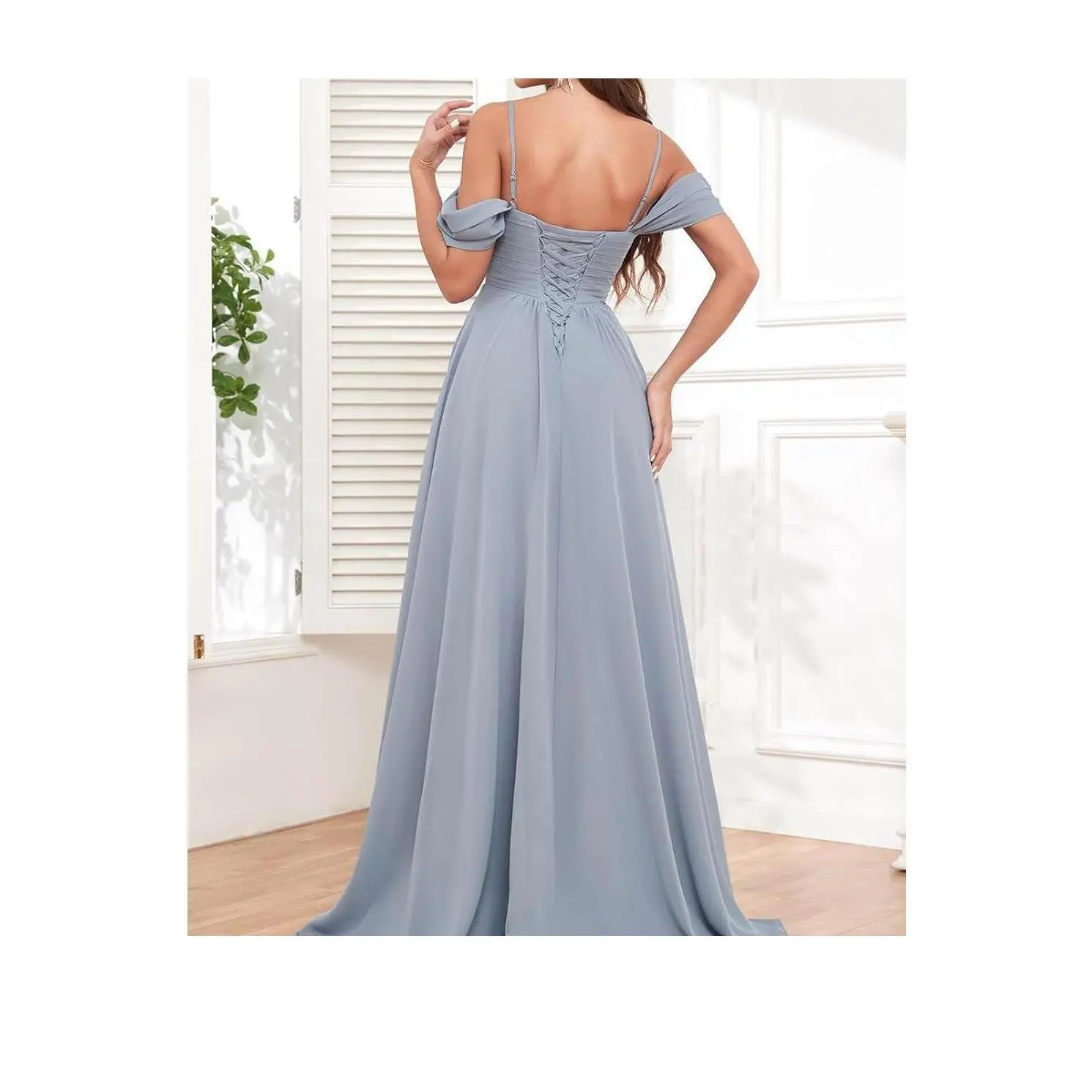 Women's Off Shoulder Bridesmaid Dresses Long Slit Chiffon Ruched Evening Formal Dress with Pockets