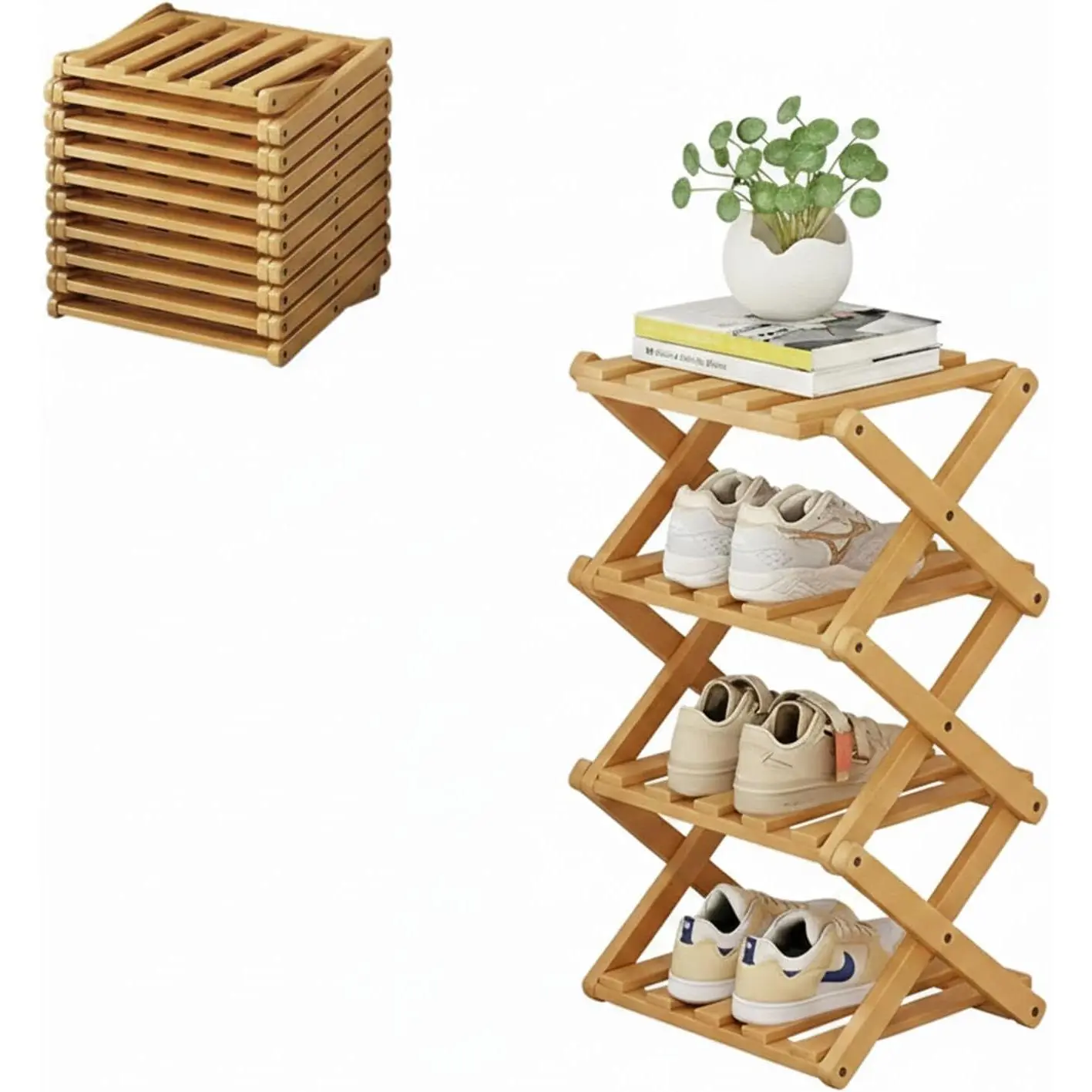 Foldable Shoe Rack, Bamboo Vertical Shoe Organizer Tall for Small Spaces.Multifunctional Narrow Shoe Shelf for Entryway, Closet, Corner, Bedroom, Hallway, Wood Color 4 Layers