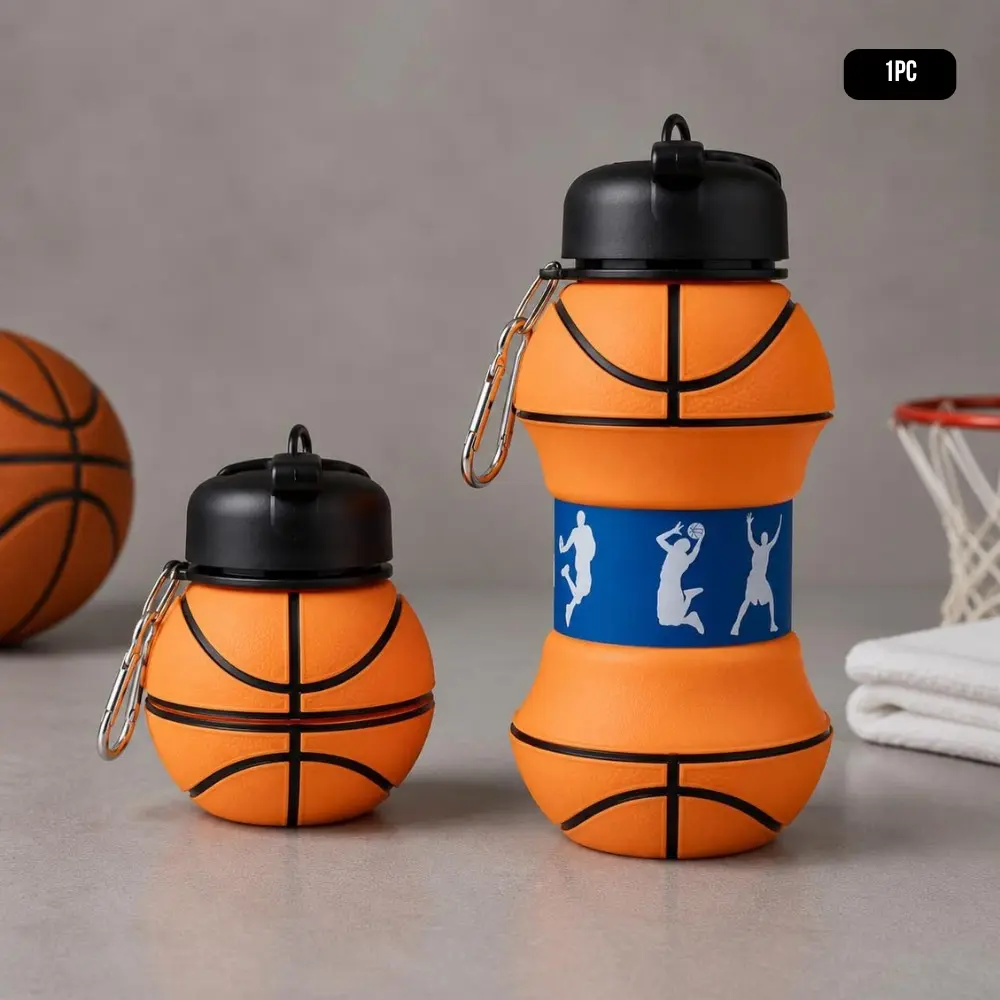 Clip-On Collapsible BPA-Free Silicone Basketball Water Bottle, 18 Oz. Size, Foldable Water Bottle