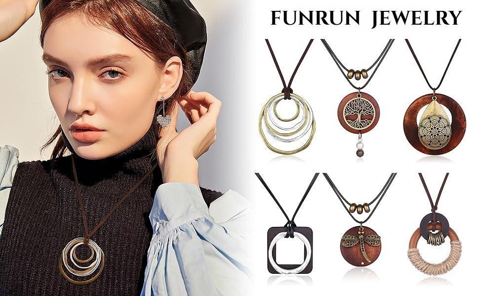6PCS Boho Layered Long Necklaces for Women | Vintage Wooden Pendant Set | Trendy Dragonfly & Tree of Life Jewelry