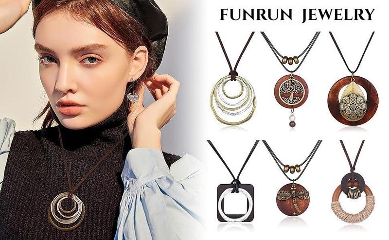 6PCS Boho Layered Long Necklaces for Women | Vintage Wooden Pendant Set | Trendy Dragonfly & Tree of Life Jewelry